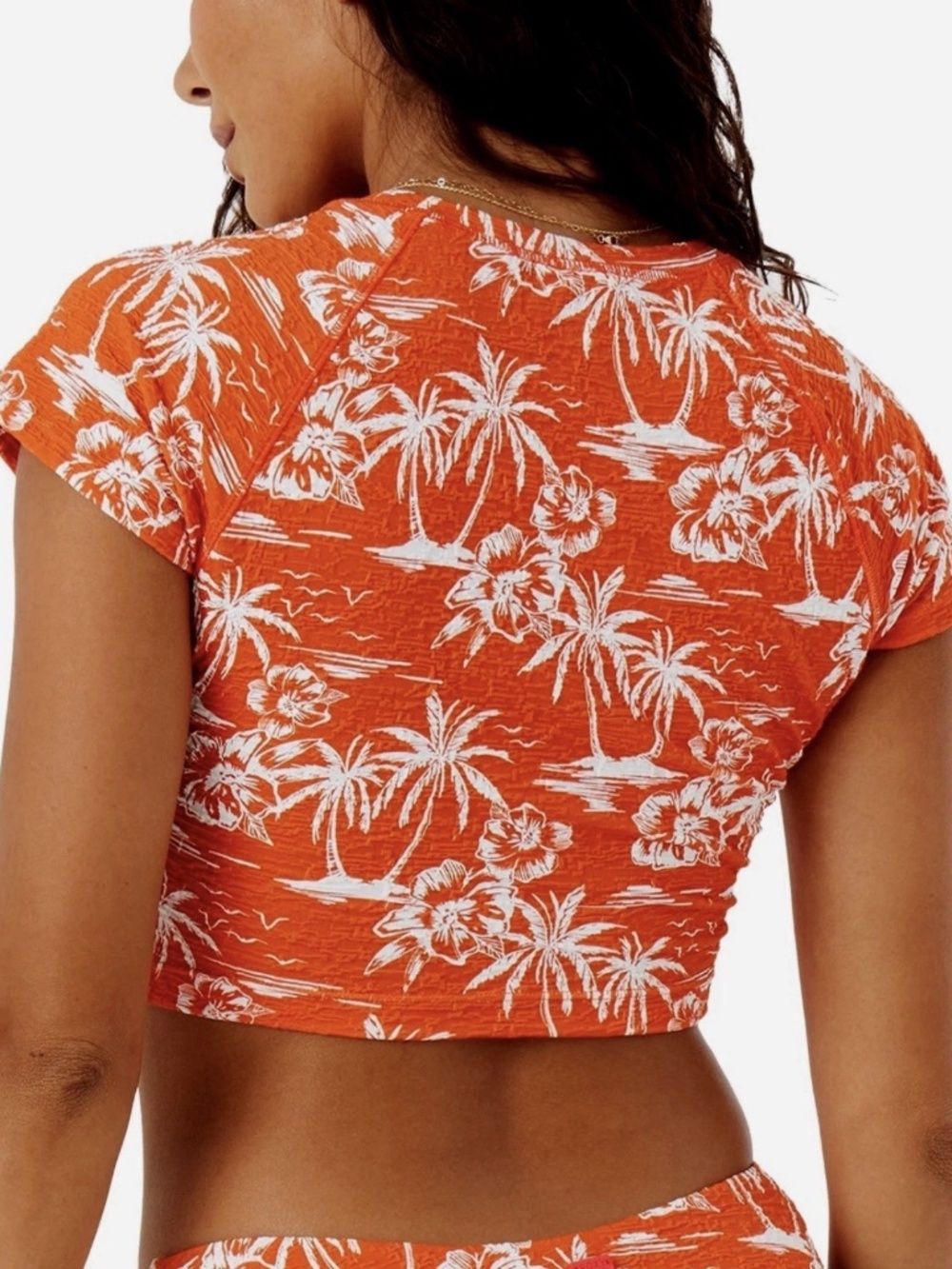 Roxy NWT Vacay Vibes Tropical Crop Textured Short Sleeve Rash Guard Red Size M - Picture 2 of 5